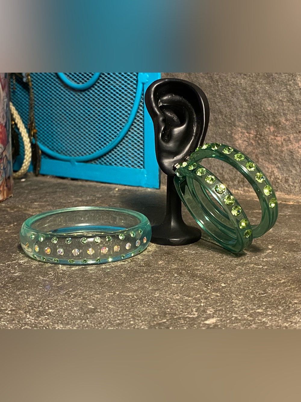 VTG lucite pair,transparent mint green bangle bracelet,hoop earrings,rhinestones